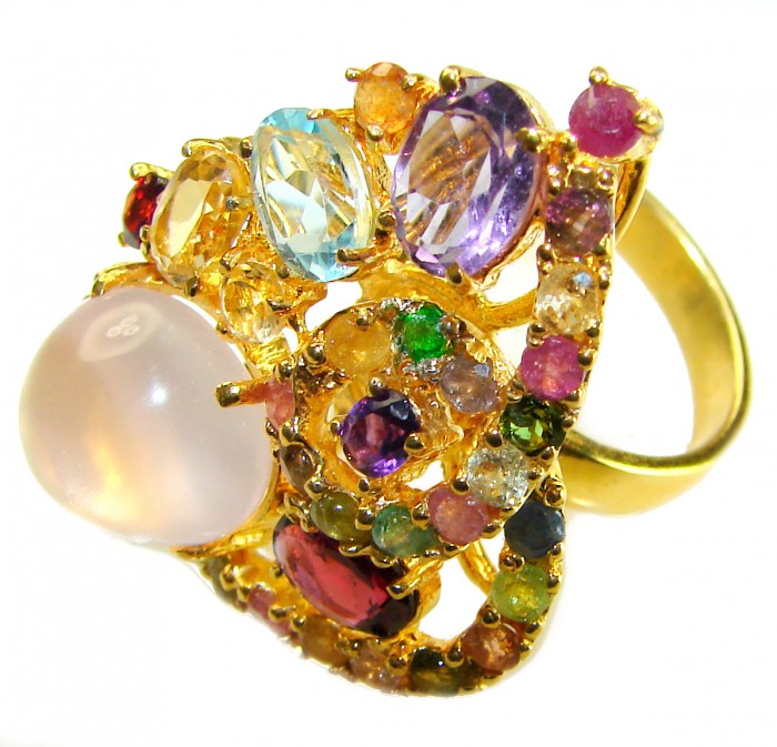 Marie Antoinette's STYLE authentic 22.5 carat Brazilian Rose Quartz 18K Rose Gold over .925 Sterling Silver handcrafted Statement ring; s. 7 - Side view of colorful gemstone ring with large pearl accent
