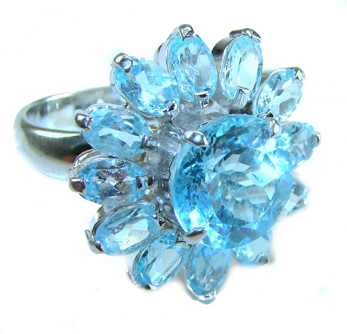Atlantica 22.7 carat Swiss Blue Topaz .925 Sterling Silver Handcrafted Statement Large ring size 8 - Close-up of Atlantica Swiss Blue Topaz ring in sterling silver.