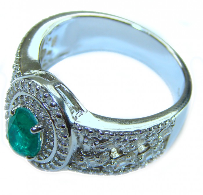 Pacific green - Vintage style - 2.1 carat Emerald .925 Sterling Silver handcrafted Statement Ring size 8 - Side view of vintage-style ring with 2.1 carat emerald and detailed band.
