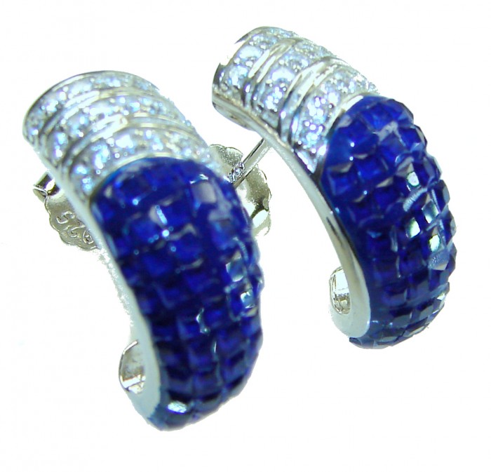 Blue Royalty 7.2 carat Sapphire .925 Sterling Silver .925 Sterling Silver Statement earrings - Side view of sapphire and silver earrings with diamond accents