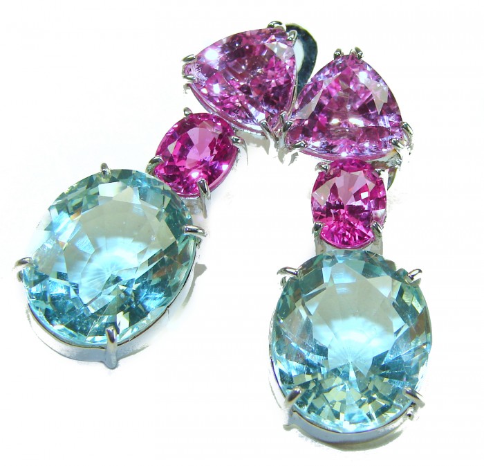 Outstanding Beauty authentic 25.2 carat Green Amethyst Pink Sapphire .925 Sterling Silver handcrafted earrings - Close-up of Outstanding Beauty 25.2 carat Green Amethyst Pin.