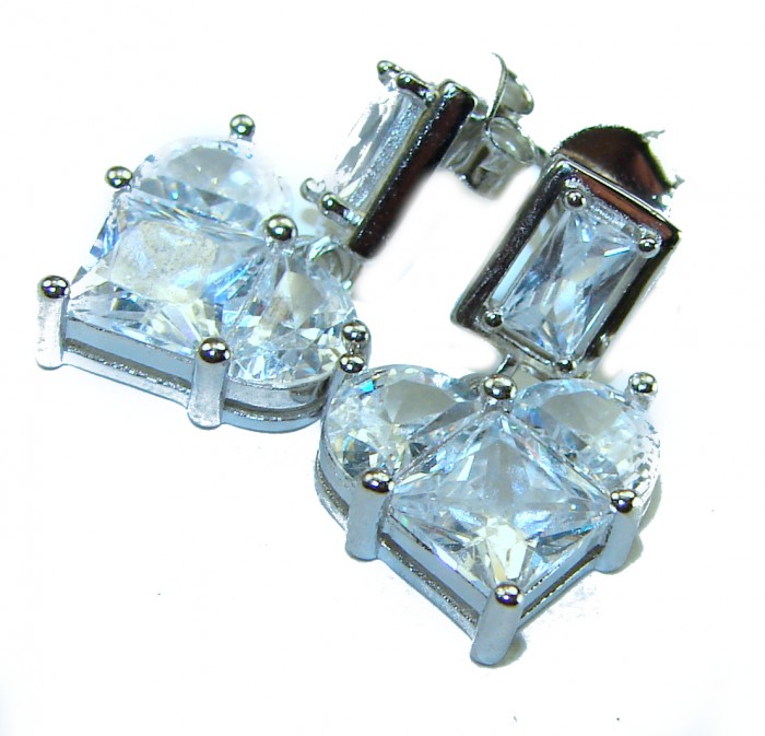 Passion Heart 8.8 carat Authentic White Topaz .925 Sterling Silver Handcrafted earrings - Close-up of Passion Heart 8.8 carat White Topaz earrings in sterling silver