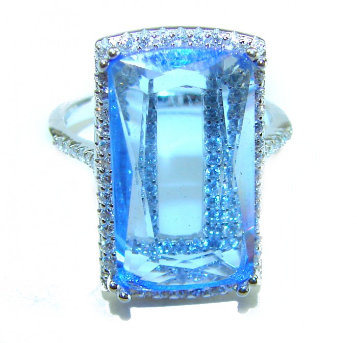 Eau Pure 14.5 carat Swiss Blue Topaz .925 Sterling Silver Handcrafted Statement Ring size 8 1/4 - Close-up of Swiss Blue Topaz ring with sterling silver band.