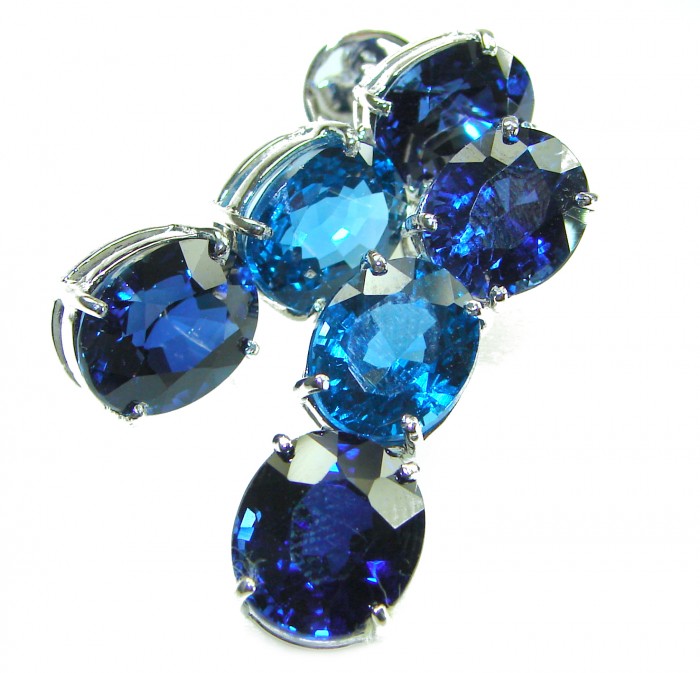 Deep Ocean 22.5 carat London Blue Topaz .925 Sterling Silver handmade Statement earrings - Close-up of Deep Ocean London Blue Topaz stones in .925 Sterling Silver
