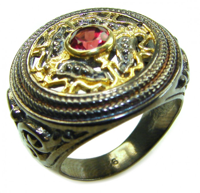 Natural 1.9 carat Magic Garnet black rhodium 14K Gold over .925 Sterling Silver handmade Large ring size 7 1/2 - Side view of a black rhodium ring with 1.9 ct garnet and gold accents.