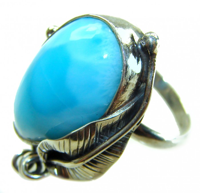 Large Blue Perfection Blue Larimar .925 Sterling Silver handmade Large ring size 8 adjustable - Close-up of large blue Larimar stone set in sterling silver ring.