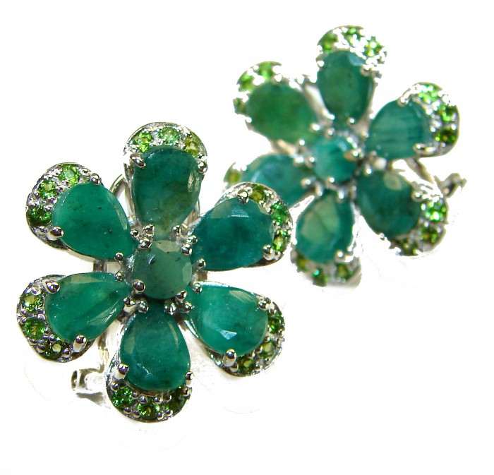 Amazonia - 339.8 carat Colombian Emerald .925 Sterling Silver handmade Statement Earrings - Close-up of Amazonia emerald floral earrings in sterling silver.