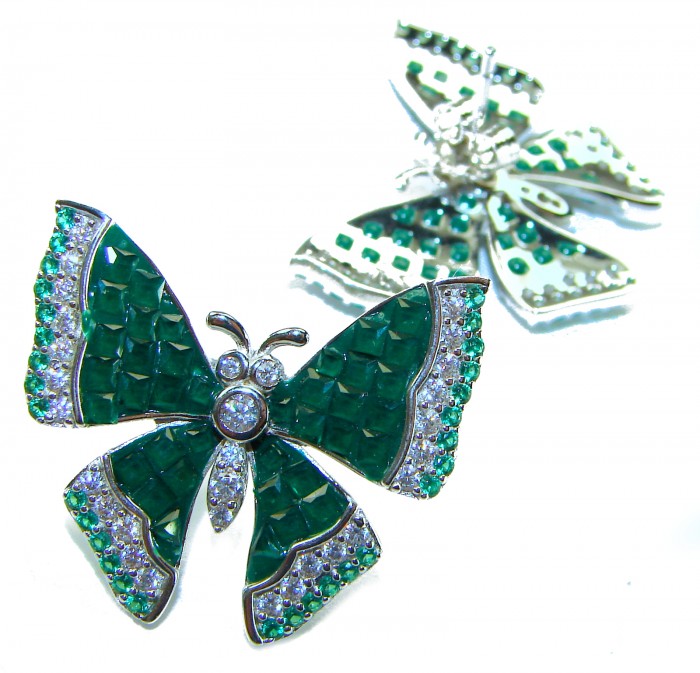 Incredible green Butterflies genuine 11.5 CARAT Emerald .925 Sterling Silver handcrafted Earrings - Close-up of emerald butterfly jewelry with gemstone detailing