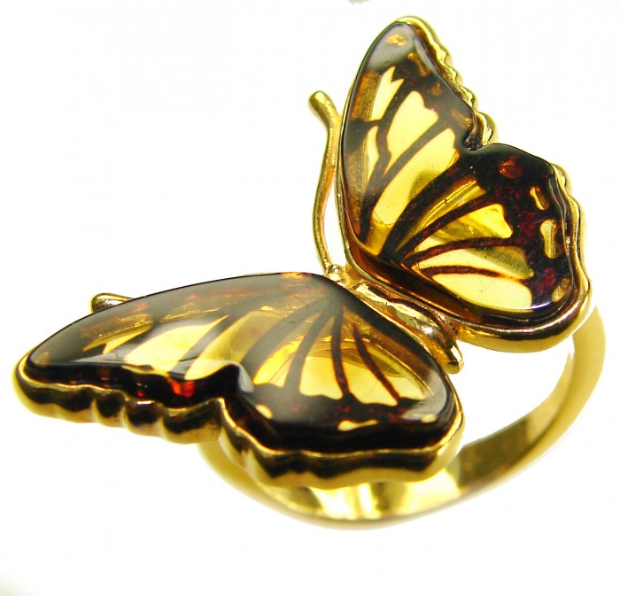 Butterfly Authentic Baltic Amber .925 Sterling Silver dipped in 18K Gold handcrafted ring; s. 6 adjustable - photo 2
