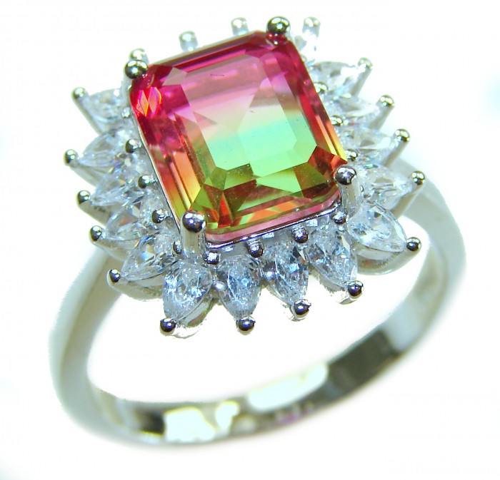 Isabella 5.2 carat emerald cut Brazilian Tourmaline .925 Sterling Silver Perfectly handcrafted Statement Ring size 8 - Emerald cut tourmaline ring with diamond halo, top view.