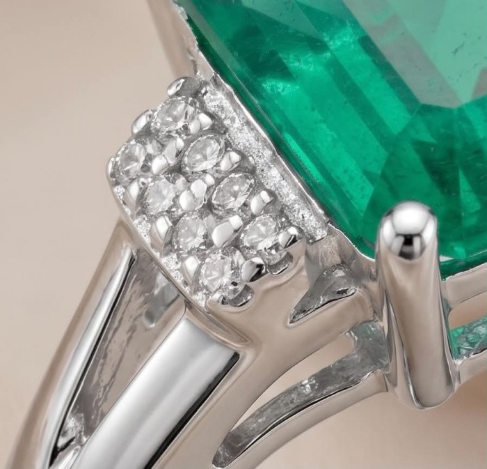 Precious 11.5 carat emerald cut EMERALD .925 Sterling Silver handcrafted ring; s. 8 - Close-up of emerald and diamond accents on sterling silver ring.
