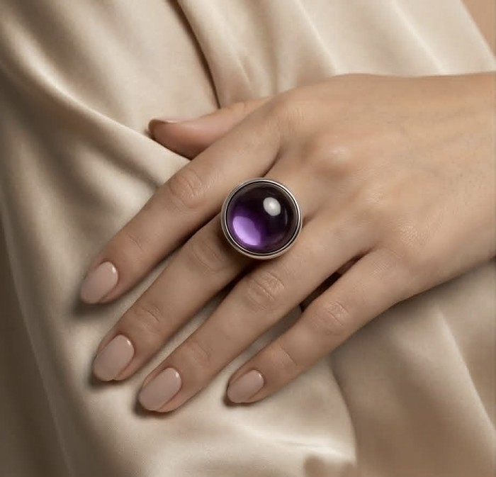 Purple Royalty 20.5 carat Amethyst .925 Sterling Silver Handcrafted Ring size 7 adjustable - Amethyst ring on hand, angled view showing stone and setting details