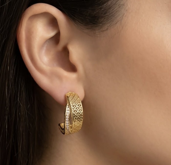 Dubai Style - Golden Flowers .925 Sterling Silver dipped in 22K Gold handmade Large Earrings - Side view of golden floral hoop earring on ear.