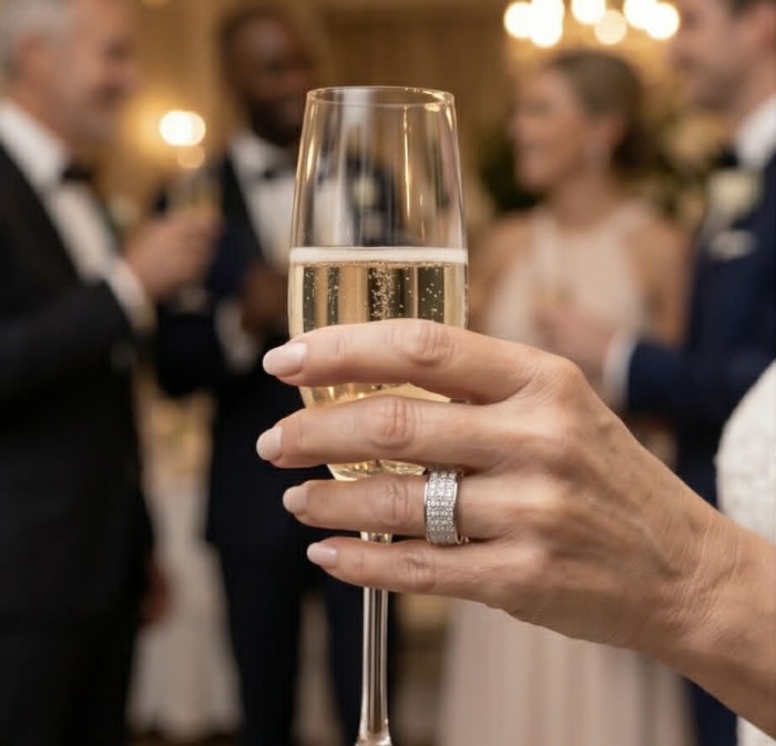 Luxurious pave 8.5 carat White Topaz .925 Sterling Silver Solid Infinity ring size 8 - Pave White Topaz ring on hand holding champagne glass at event.
