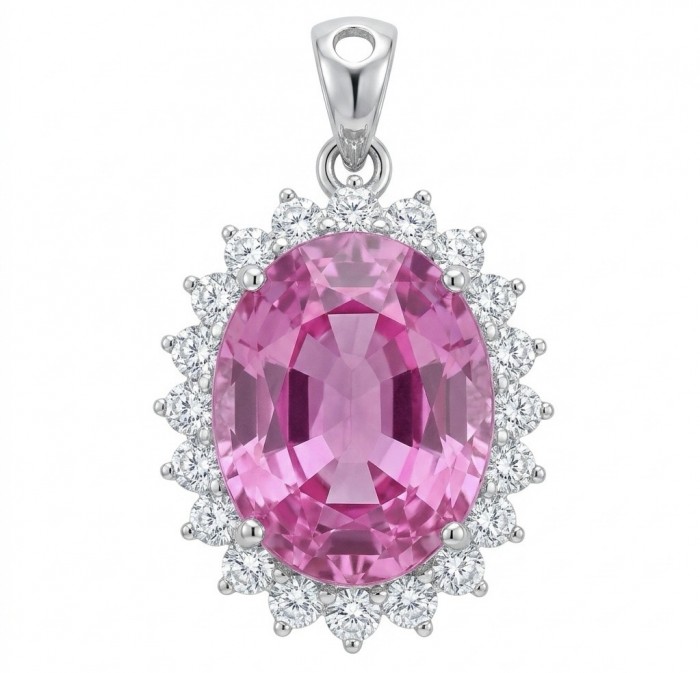 Incredible oval cut 15.8 carat Pink Sapphire .925 Sterling Silver handcrafted pendant - Oval pink sapphire pendant close-up with diamond halo