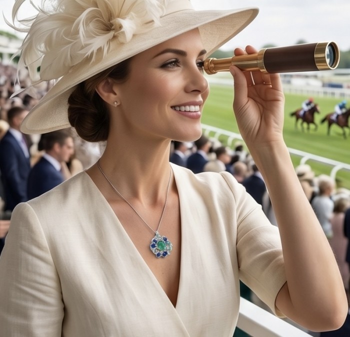 Giovanna - Victorian style - 29.5 carat Authentic Emerald .925 Sterling Silver handcrafted Pendant Brooch - Woman wearing Giovanna Victorian necklace at horse racing event, side view.