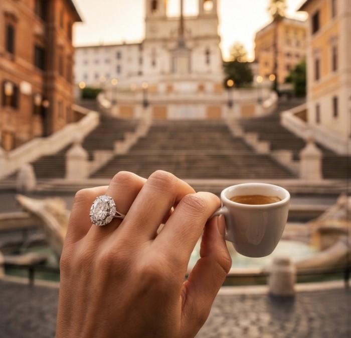 Esmeralda - Precious 7.5 carta White Topaz rhodium over .925 Sterling Silver Statement ring size 7 - Espresso with Esmeralda ring, front view, worn on hand.