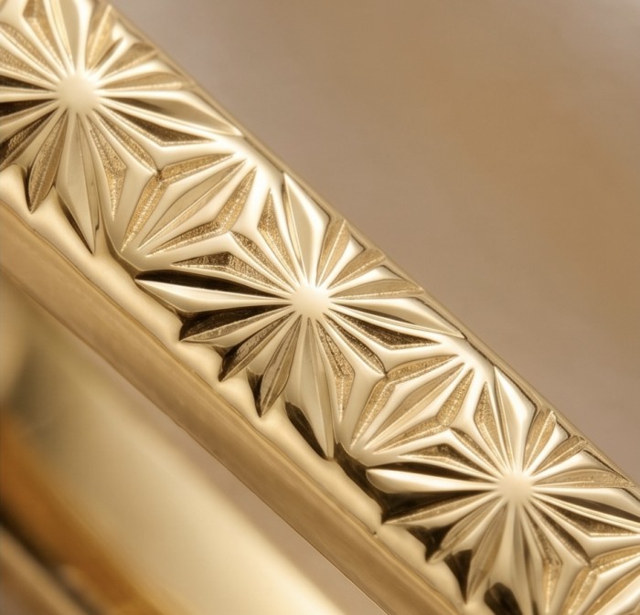 Black Label Collection - Dubai Style - Natural 22K Gold over .925 Sterling Silver handmade earrings - Close-up of engraved pattern on gold band, Black Label Collection.