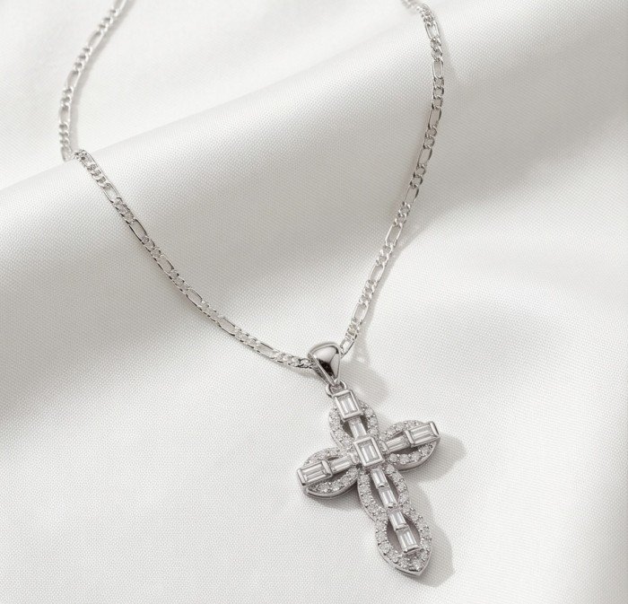 Precious Cross Genuine 14K White rhodium over .925 Sterling Silver handmade necklace - Cross pendant on chain, close-up on white fabric background