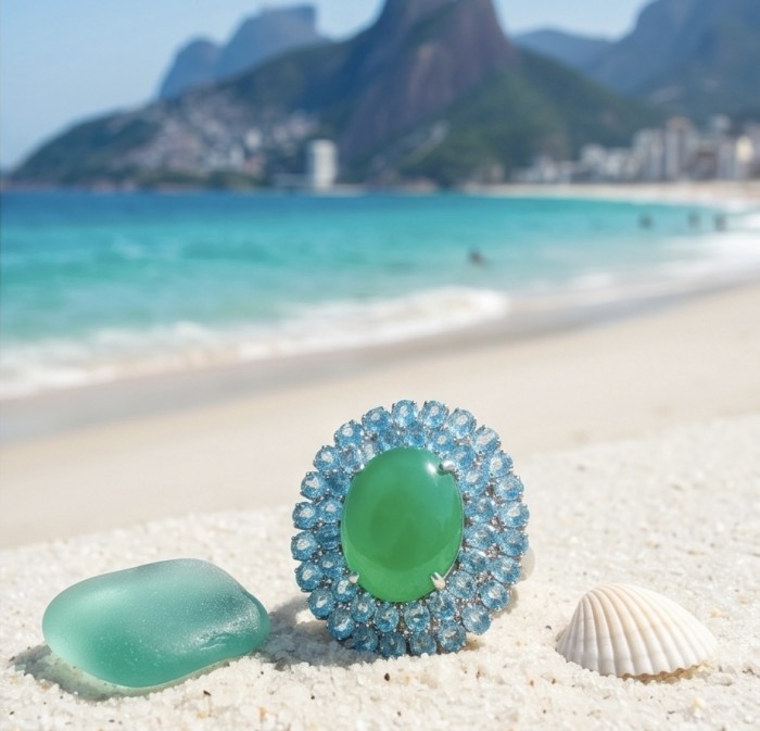 Abundance of Love 18.5 carat Chrysoprase Rhodium over .925 Sterling Silver handcratfed LARGE Statement Ring s. 7 - Chrysoprase ring on beach, stone close-up with shell and sea glass