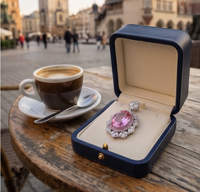 Tiffany Incredible oval cut 20.4 carat Pink Sapphire .925 Sterling Silver handcrafted pendant - Pink sapphire pendant in box on table with coffee, outdoor setting.