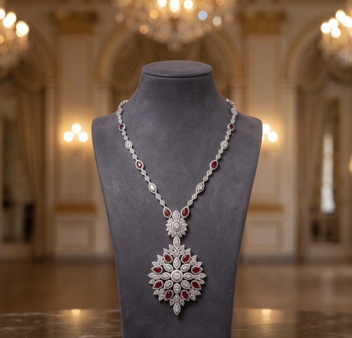 Isabella - Beauty of Nature- natural 32.5 carat Ruby Rhodium over .925 Sterling Silver handmade 28 INCHES Statement necklace - Elegant necklace with rubies and diamonds on display bust in ballroom setting.