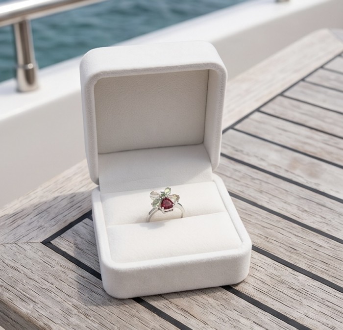 Flower 9.5 carat Multigem .925 Sterling Silver Handcrafted Ring size 7 - Ring displayed in open box on boat deck, overhead view.