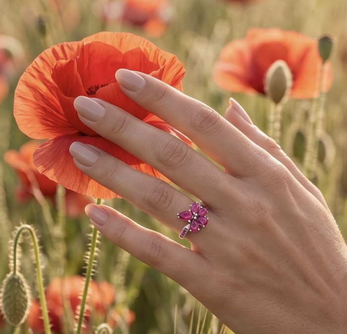 My Sweet Heart Natural 4.8 carat Mozambique Ruby .925 Sterling Silver Handcrafted Cocktail Ring s. 8 - Hand wearing Art Deco Mozambique Ruby ring with poppy background.