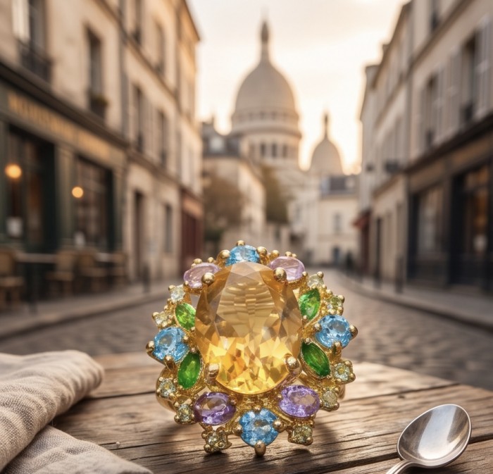 Victoria Authentic 10.7 carat Brazilian Citrine .925 Sterling Silver brilliantly dipped in 22K Gold handcrafted Statement ring; s. 8 - Close-up of Victoria 10.7 carat Brazilian Citrine ring on a table.