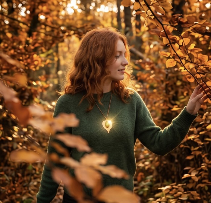 REAL Leaf dipped in copper 30.2 green Tourmaline stone & .925 Sterling Silver Pendant - Woman wearing leaf-shaped necklace with green tourmaline in autumn forest