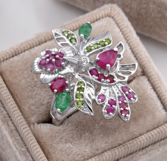 Blooming Garden 9.8 carat Mozambique Ruby Emerald rhodium over .925 Sterling Silver handmade Statement Ring size 9 - Top view of Blooming Garden ring with rubies and emeralds in a box