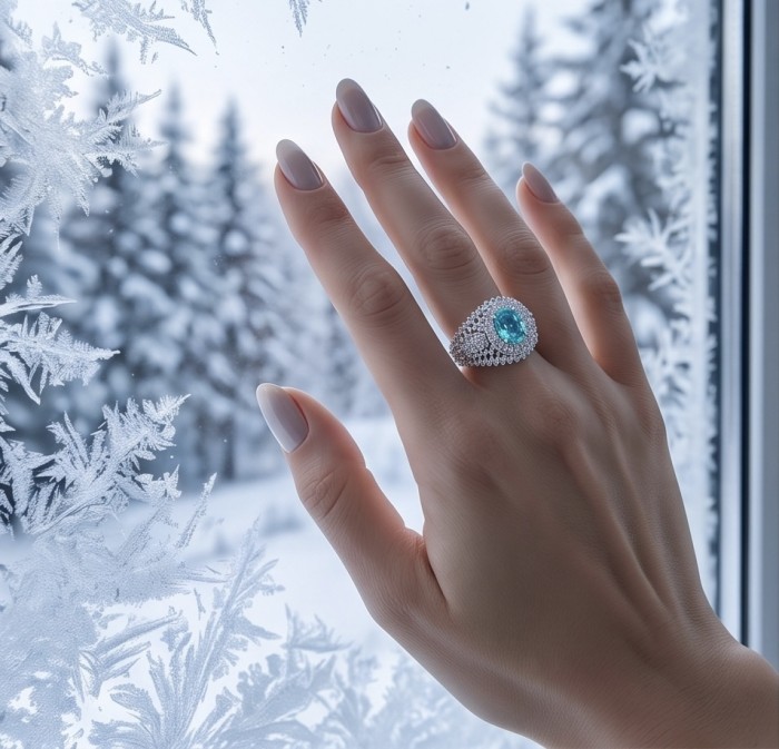 Wonderland 1.5 carat Brazilian Paraiba Tourmaline .925 Sterling Silver Handcrafted Ring size 8 1/4 - Paraiba Tourmaline ring worn on hand with snowy background.