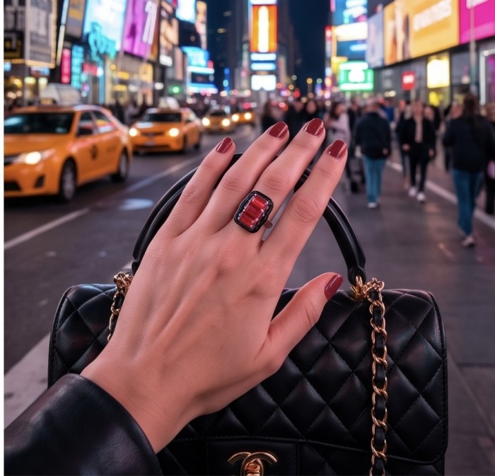 Art Deco 4.2 carat Ruby black enamel .925 Sterling Silver handcrafted Ring s. 7 - Hand with Art Deco ruby ring in cityscape background, holding quilted bag.
