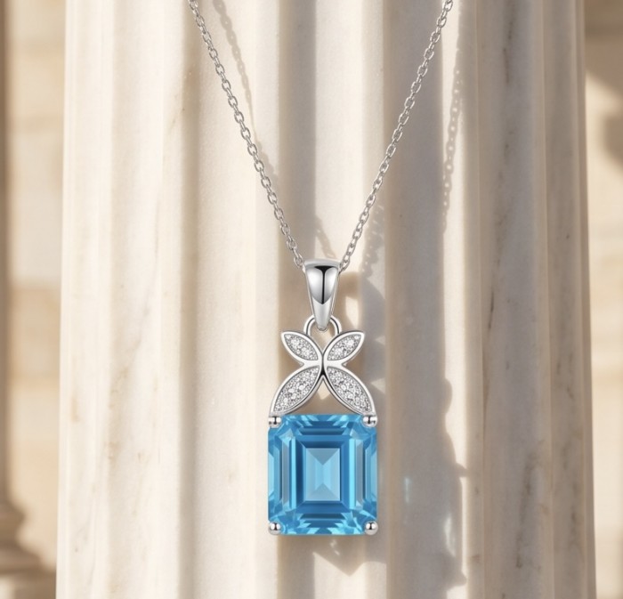 Stella 4.3 carat Swiss Blue Topaz .925 Sterling Silver dipped in rhodium handcrafted Pendant - Front view of Stella 4.3 carat Swiss Blue Topaz necklace