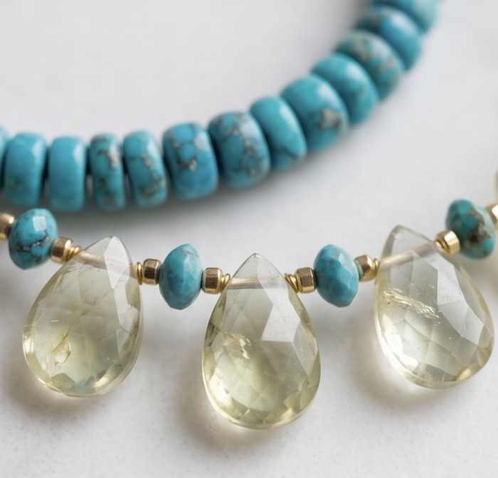 Serenity - 10.2 carat Citrine Turquoise .925 Sterling Silver handmade necklace - Close-up of Serenity necklace with citrine and turquoise beads.