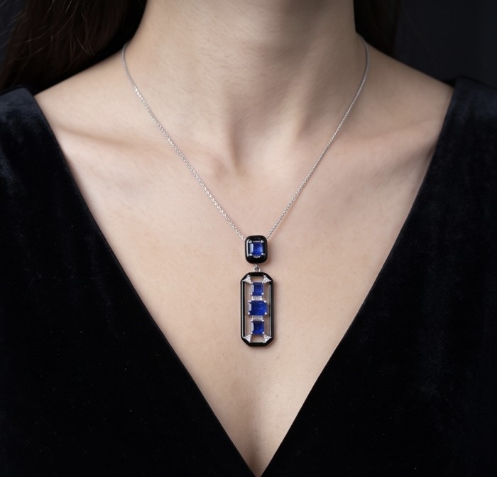 8.5 carat Art Deco Sapphire black enamel .925 Sterling Silver handcrafted Pendant - Art Deco Sapphire pendant on neck, front view, Sterling Silver setting.