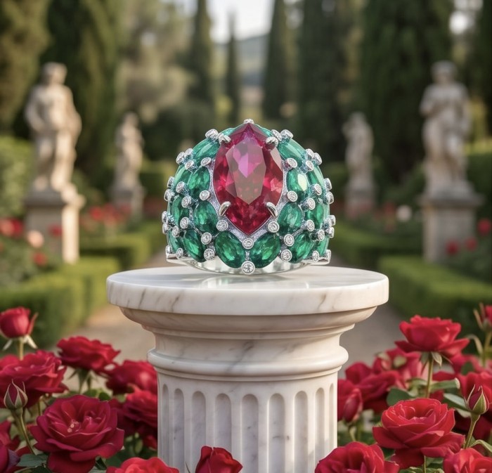 Giovanna 28.6 carat Ruby Emerald .925 Sterling Silver dipped rhodium handmade Huge Statement Ring size 7 - Close-up of Giovanna 28.6 carat ruby and emerald ring on marble pedestal