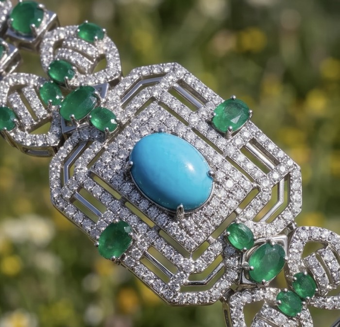 Art Deco - Pacifica - 98.4 carat Turquoise Emerald .925 Sterling Silver handmade Statement Bracelet - Close-up of Art Deco turquoise and emerald bracelet with diamonds.