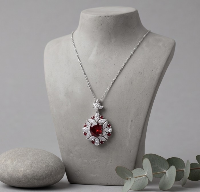 Luxurious 10.9 carat natural Mozambique Ruby .925 Sterling Silver .925 Sterling Silver Statement Necklace - Necklace with 10.9ct Mozambique ruby on bust display, front view