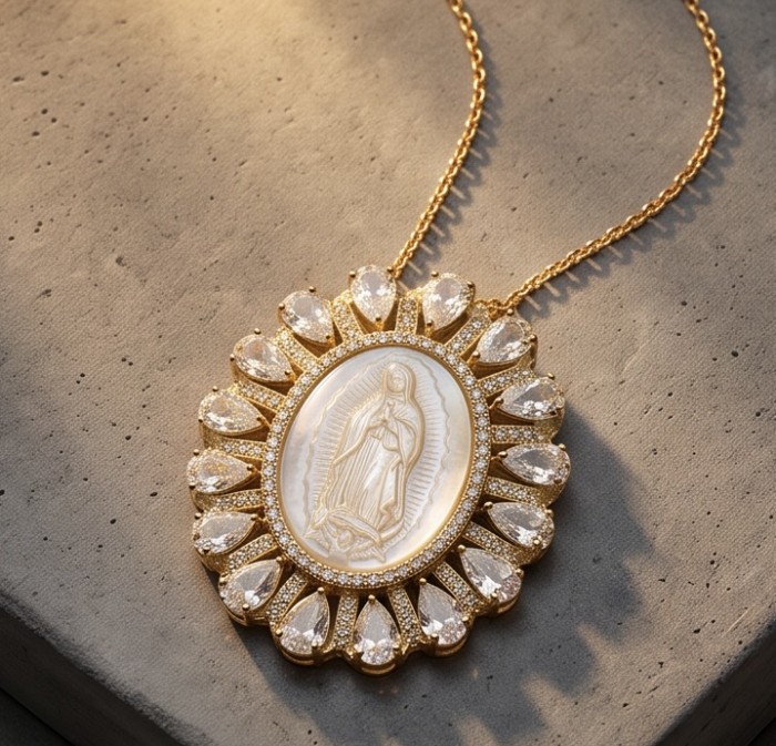 Virgin MARY Precious Blister Pearl 18K Gold over .925 Sterling Silver Necklace - Virgin Mary pendant on gold chain, top view with pearl and crystal details.