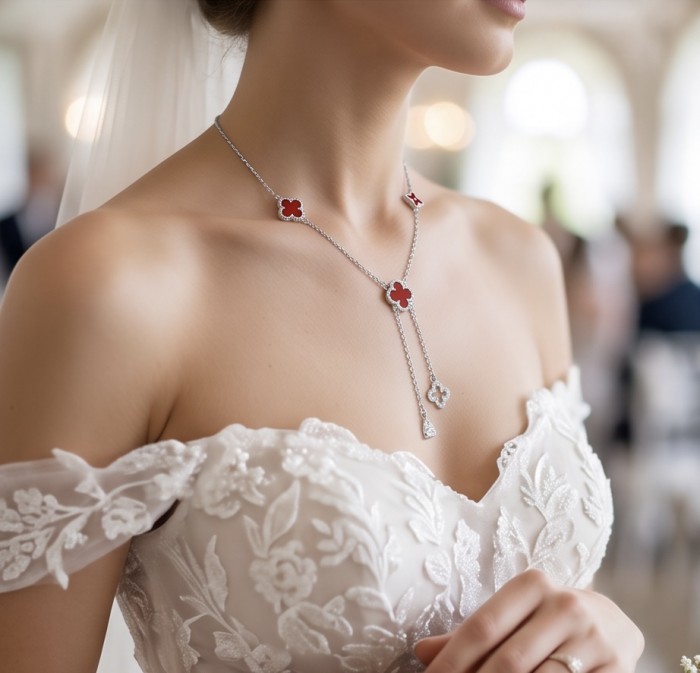 Outstanding 20 inches long Carnelian Lucky Four Leaf Clover .925 Sterling Silver necklace - Carnelian clover necklace worn by bride in off-shoulder dress close-up.