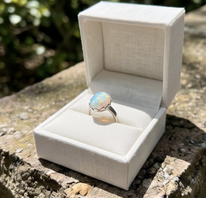 Endless Ocean Genuine 11.5 carat doublet Australian Opal .925 Sterling Silver handmade Ring size 6 - Endless Ocean Australian Opal ring in open box, angled in sunlight.