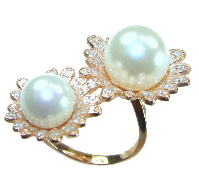 Floral design White Pearls White Sapphire 14K Gold over .925 Sterling Silver brilliantly handcrafted Statement ring s. 8 1/2 - photo 3