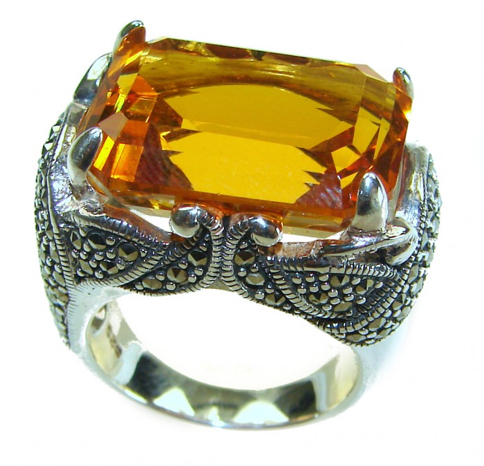 Golden Royalty 34.5 carat Citrine Marcasite .925 Sterling Silver Handcrafted Huge Ring size 8 - Close-up of citrine and marcasite ring in .925 sterling silver