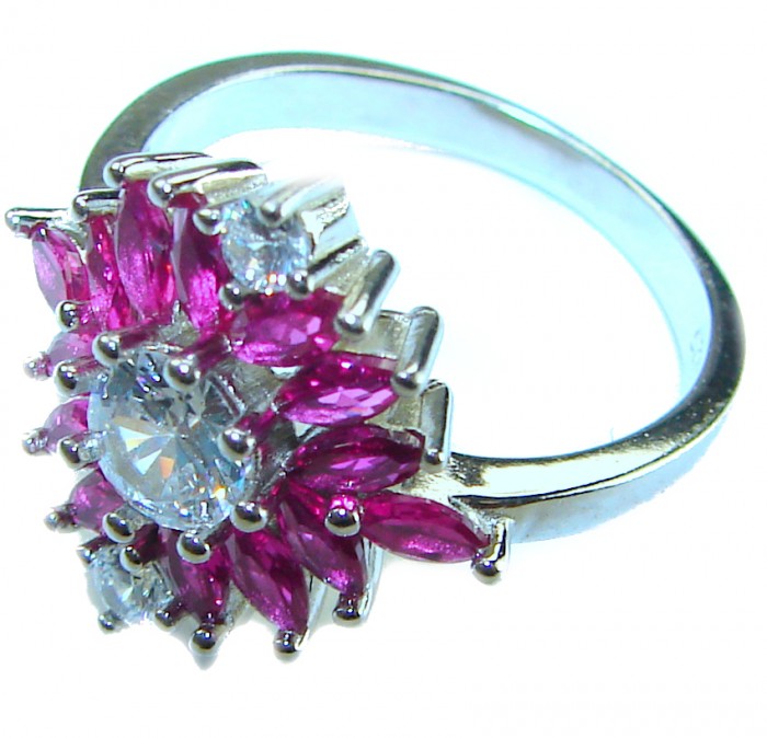 Authentic 2.3 carat Ruby .925 Sterling Silver handmade Cocktail Ring s. 7 - Ruby and silver ring, top view showing stone and setting detail.