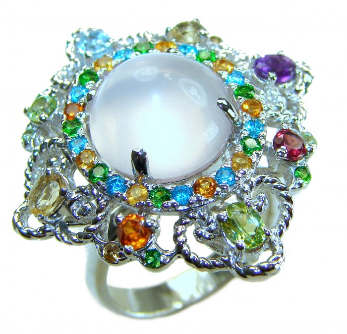 Celtic Spirit authentic fancy cut 11.5 carat Rose Quartz .925 Sterling Silver handcrafted Statement Ring s. 7 - Celtic Spirit 11.5 ct Rose Quartz ring, top view, colorful gemstones.