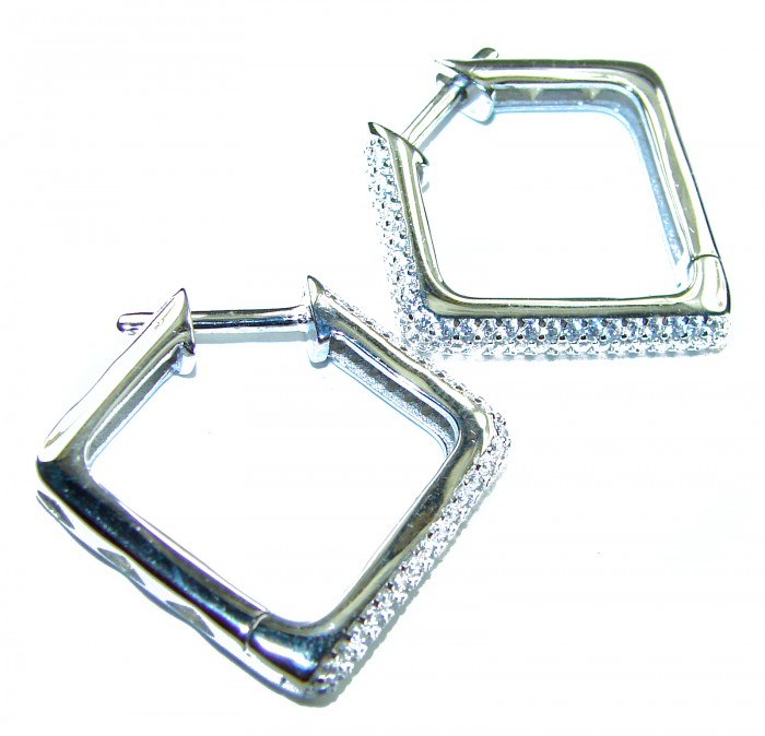 Allure Natural 8.2 carat White Topaz .925 Sterling Silver handcrafted hoop earrings - Square hoop earrings, top view, embellished with white topaz stones.