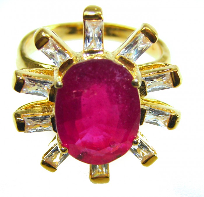 Natural 14.5 carat Ruby from Madagascar .925 Sterling Silver dipped in 22K Gold handmade Large Statement Ring size 8 - Close-up of a 14.5 carat ruby ring with clear accents on gold setting.
