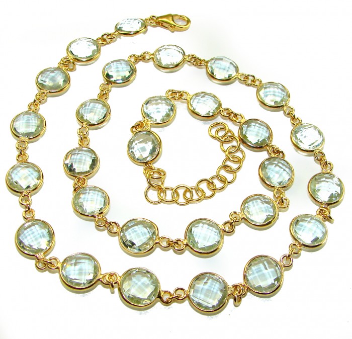 30.5 carat genuine round shape Green Amethyst 18K Gold over .925 Sterling Silver handmade Statement necklace - Green Amethyst necklace, top view, 18K gold setting with round stones.