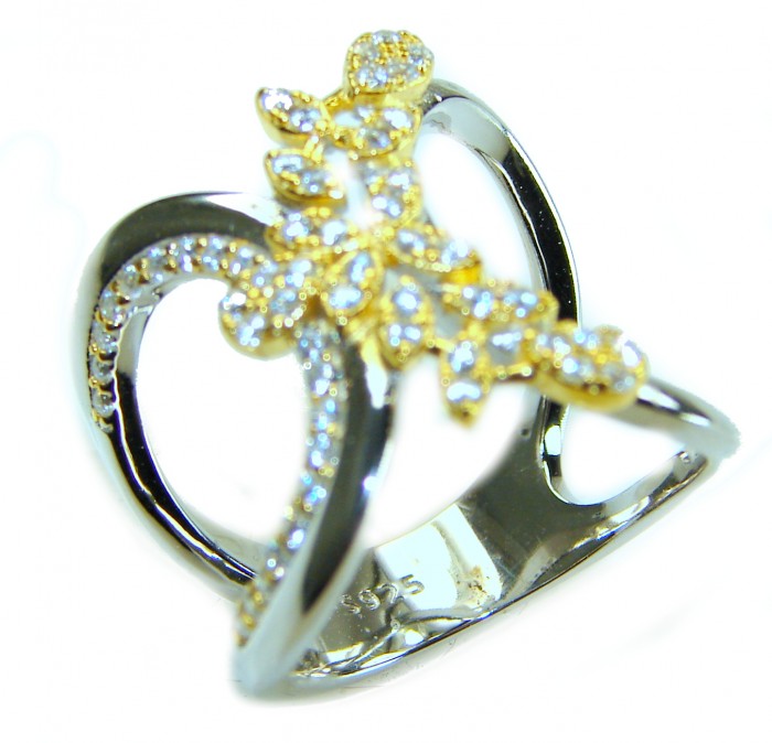 Aphrodite - 2.6 carat White Topaz 2 tones .925 Sterling Silver handcrafted ring size 6 - Side view of Aphrodite ring, white topaz in sterling silver and gold tones.
